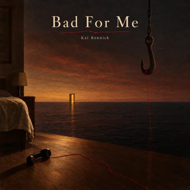 Surreal · Painted: A red thread from a dropped phone to a hook over a dark sea